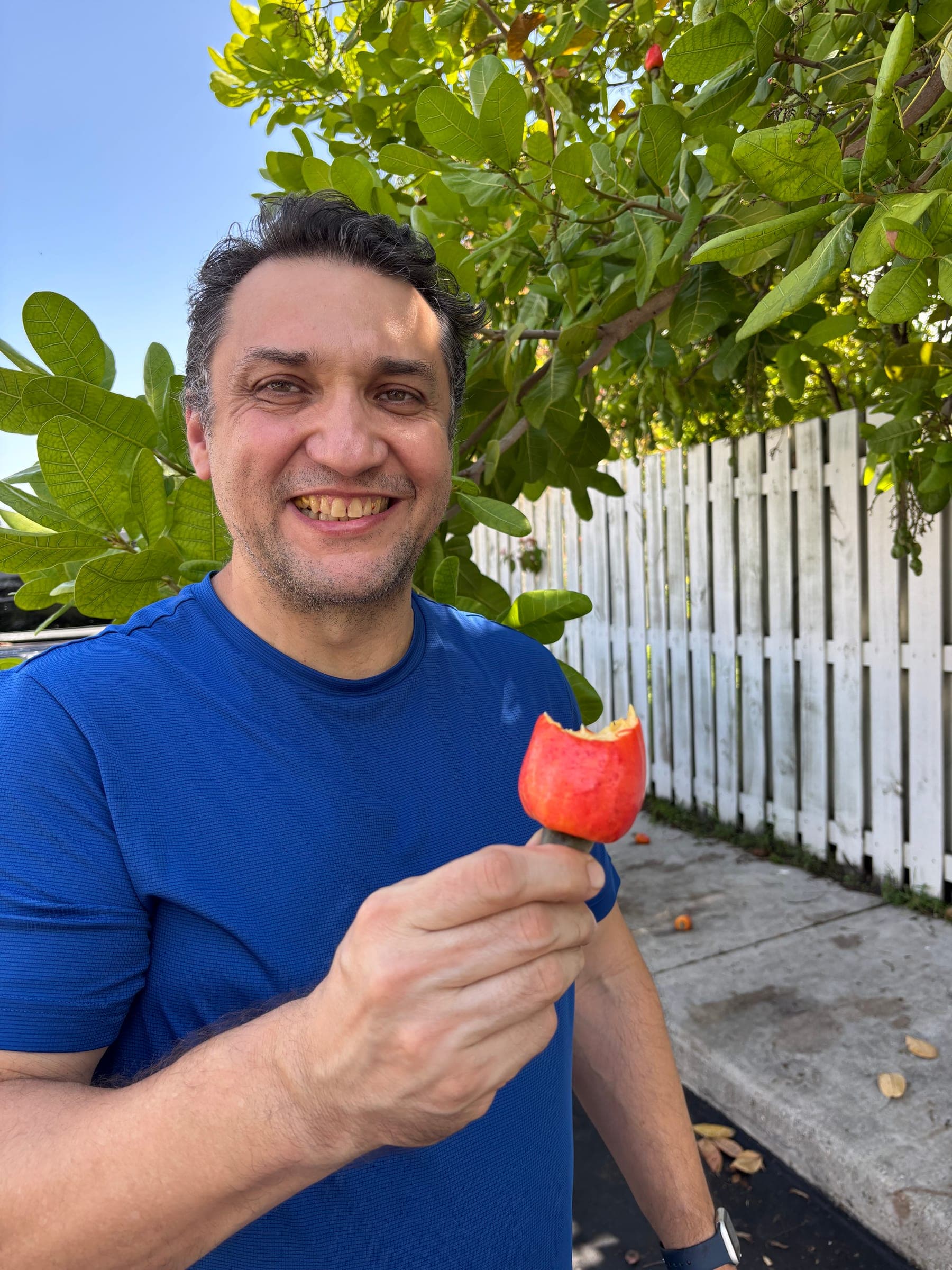 Marcelo smiling as he eats a fresh cashew apple straight from one of his trees